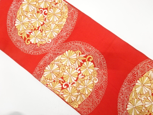 JAPANESE KIMONO / ANTIQUE FUKURO OBI / SILK / WOVEN KIKU ARABESQUE